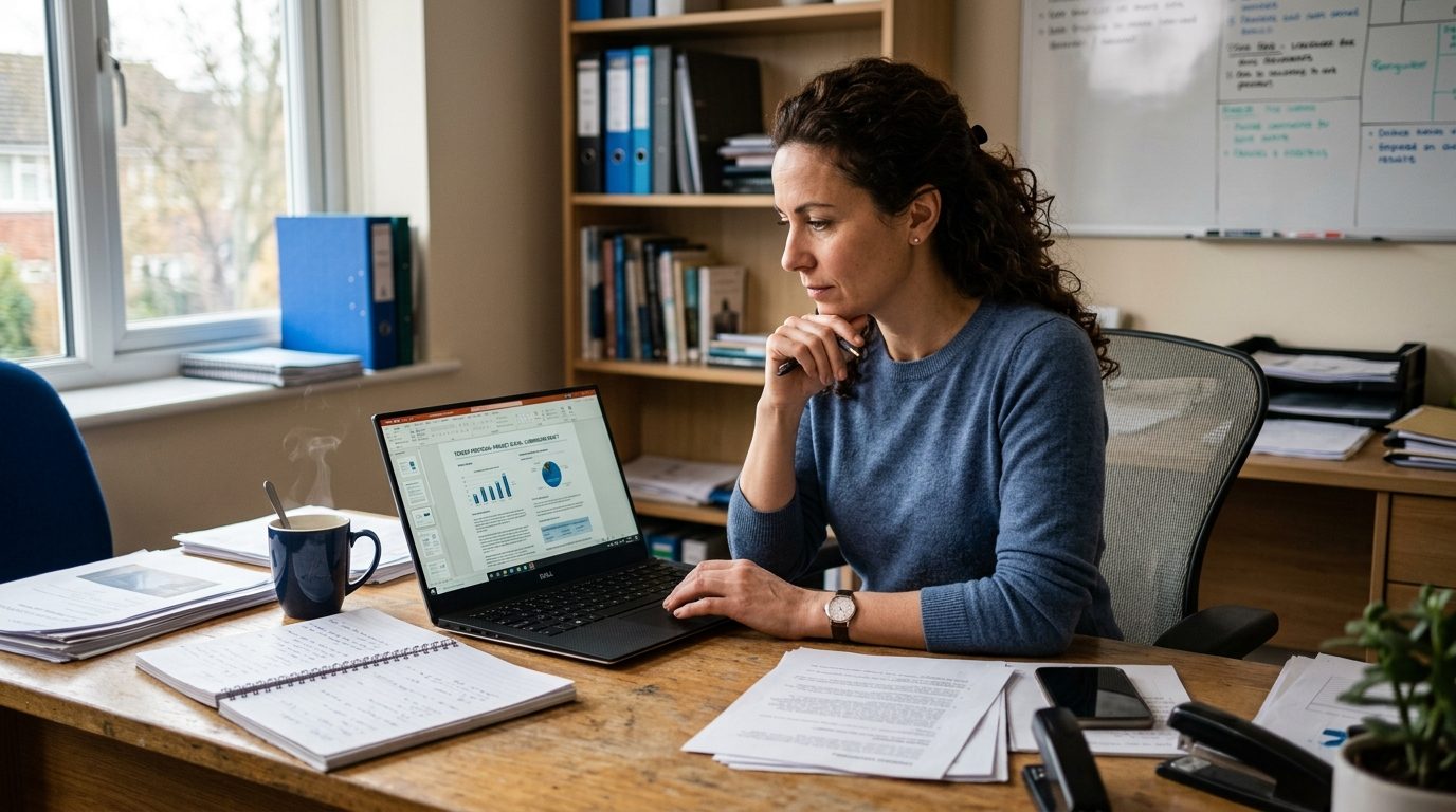 Small IT business owner reviewing an AI-generated tender proposal on a laptop